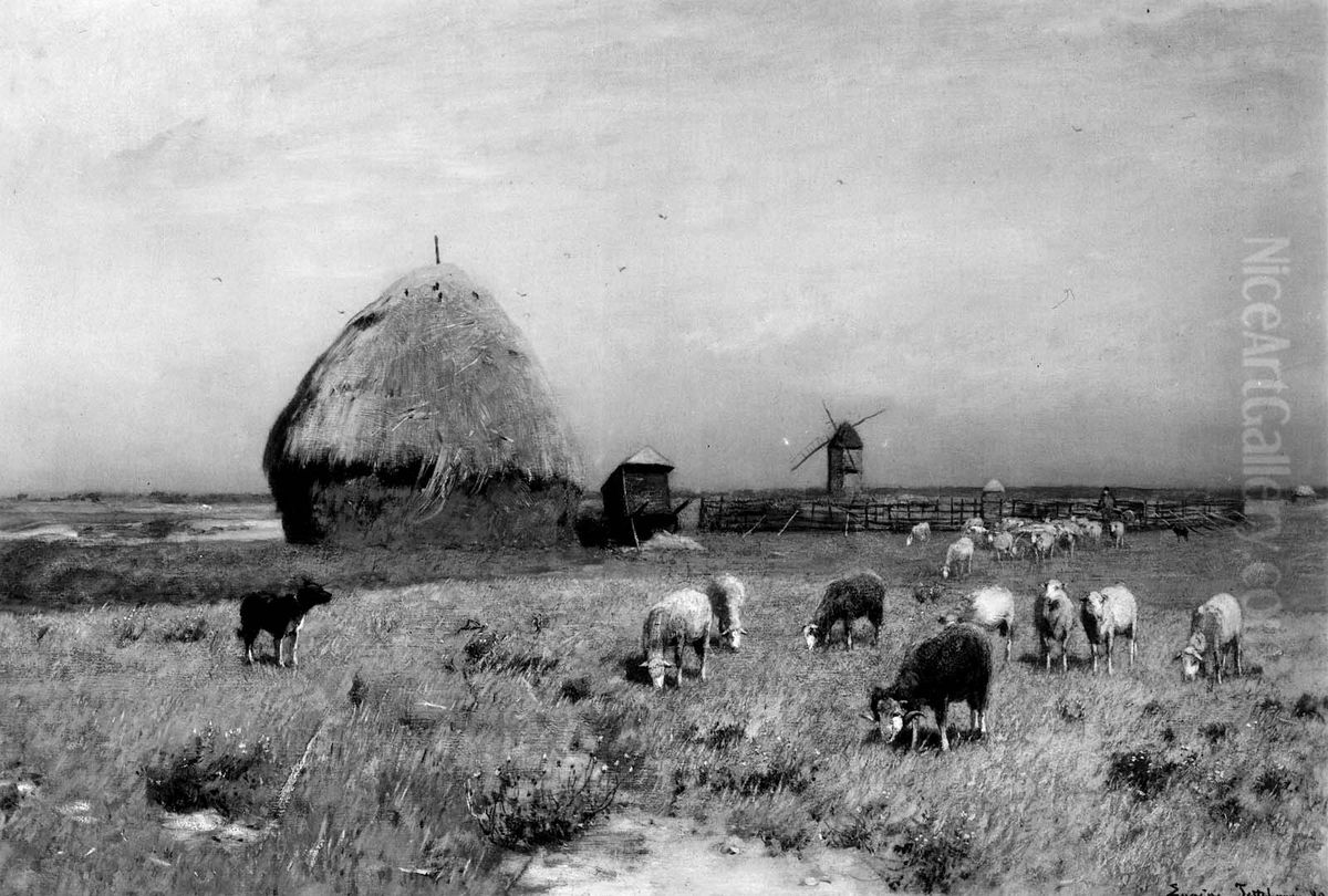 Landscape near Cayenz with a Sheepdog and Flock Oil Painting by Eugen Jettel