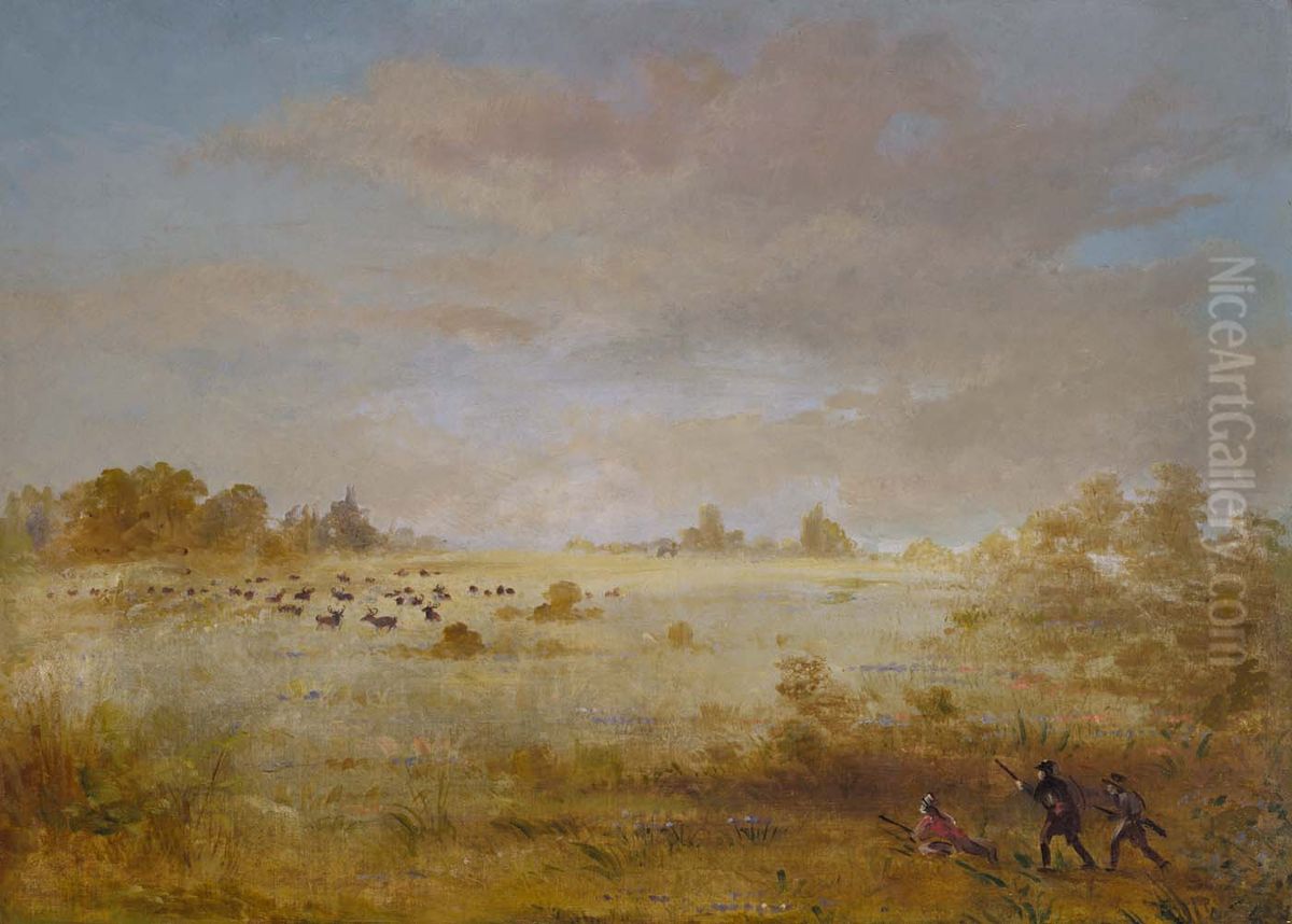 Elk Grazing on an Autumn Prairie Oil Painting by George Catlin