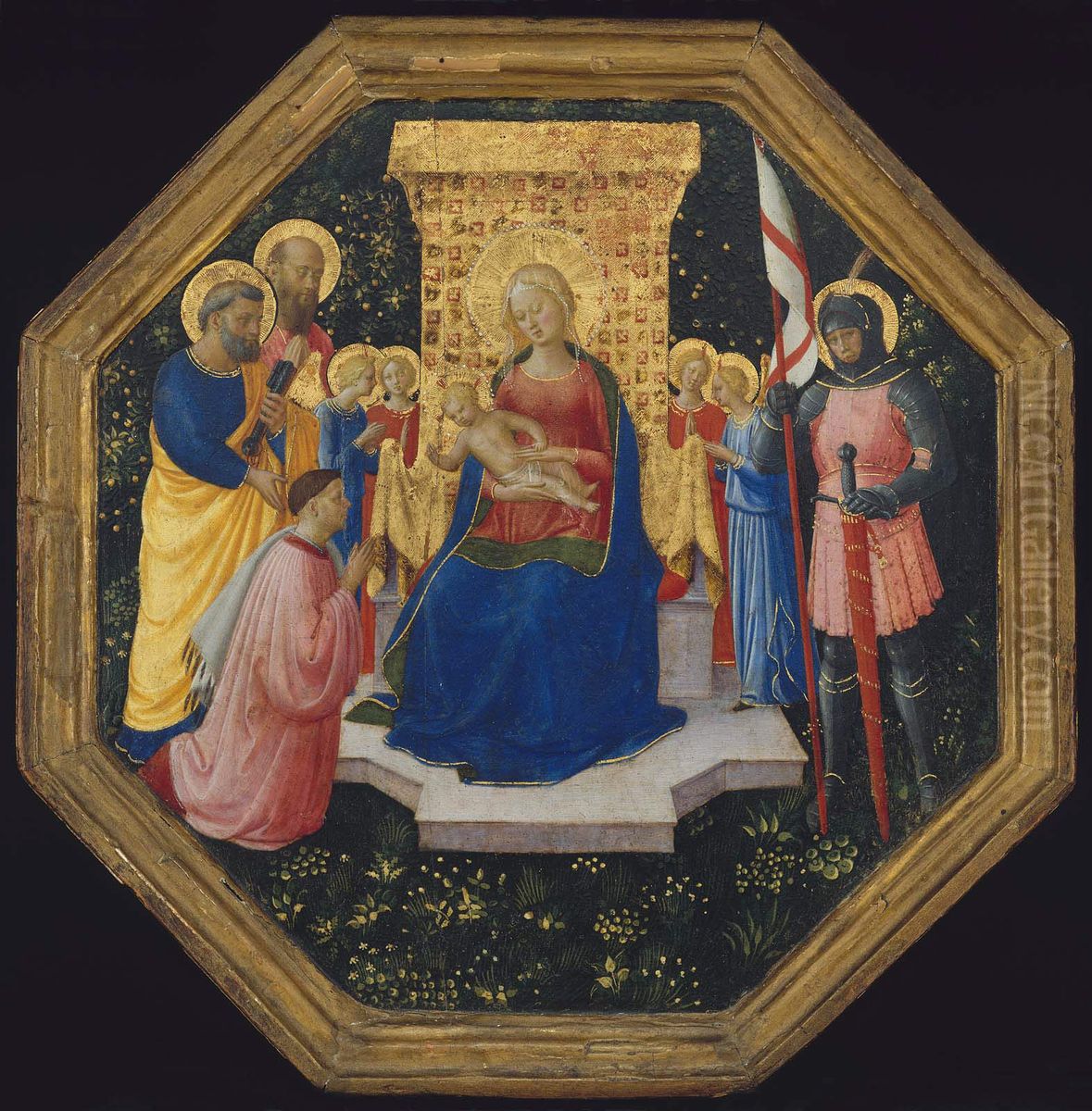 Virgin and Child Enthroned with Saints Peter, Paul and George (?), Four Angels, and a Donor Oil Painting by Fra Angelico