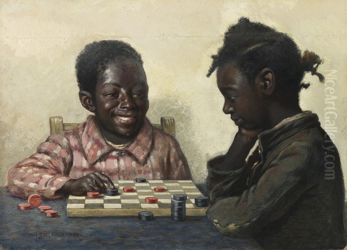 Untitled (Two Children Playing Checkers) Oil Painting by James Henry Moser
