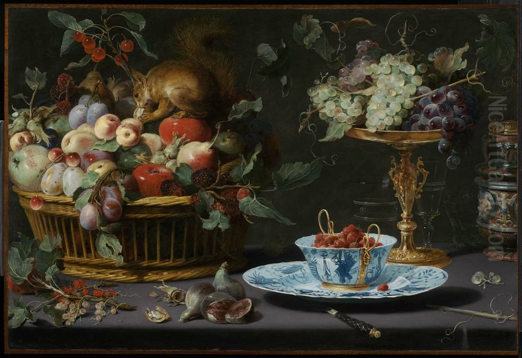 Still Life with Fruit, Wan-Li Porcelain, and Squirrel Oil Painting by Frans Snyders