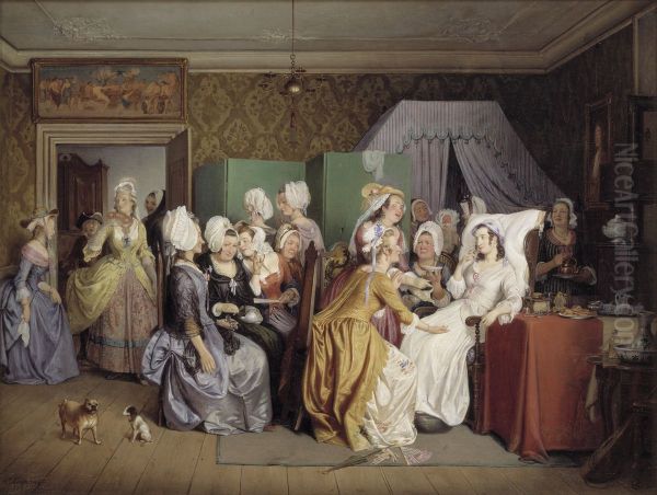 Scene from Ludwig Holberg's The Lying-in Room Oil Painting by Wilhelm Marstrand