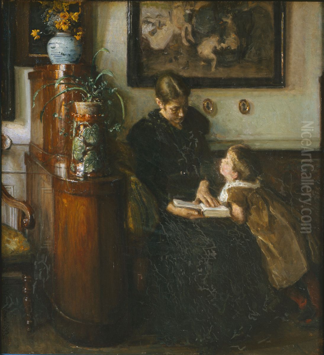 Moder skal laese. Kunstnerens hustru og barn Oil Painting by Viggo Johansen