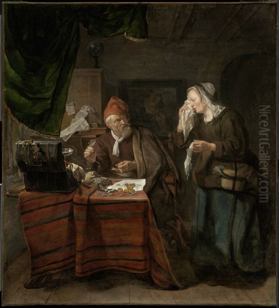Usurer with a Tearful Woman Oil Painting by Gabriel Metsu