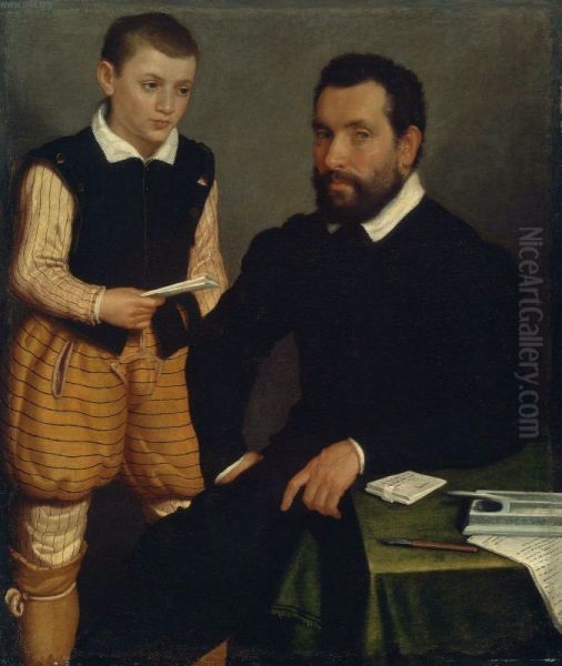 Count Alborghetti of Bergamo and his son Oil Painting by Giovanni Battista Moroni