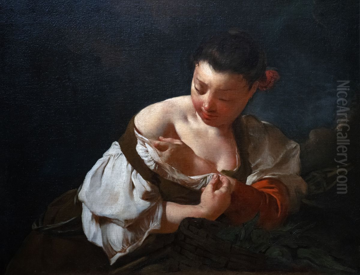 Peasant Girl Catching a FleaFrancais:Paysanne qui s'epuceItaliano:Contadina che si spulcia Oil Painting by Giovanni Battista Piazzetta