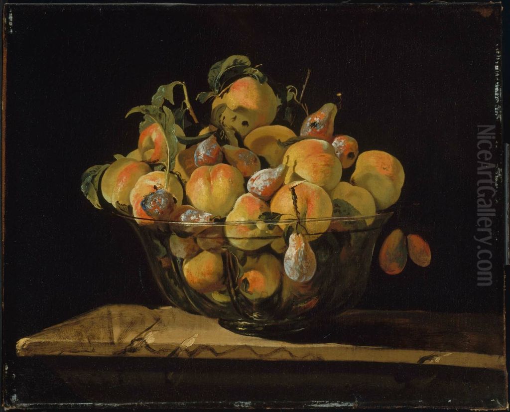 Peaches and Pears in a Glass Bowl Oil Painting by Giovanni Paolo Castelli