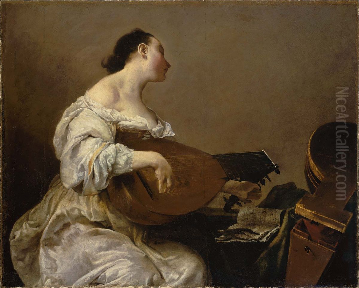 Woman Tuning a Lute Oil Painting by Giuseppe Maria Crespi