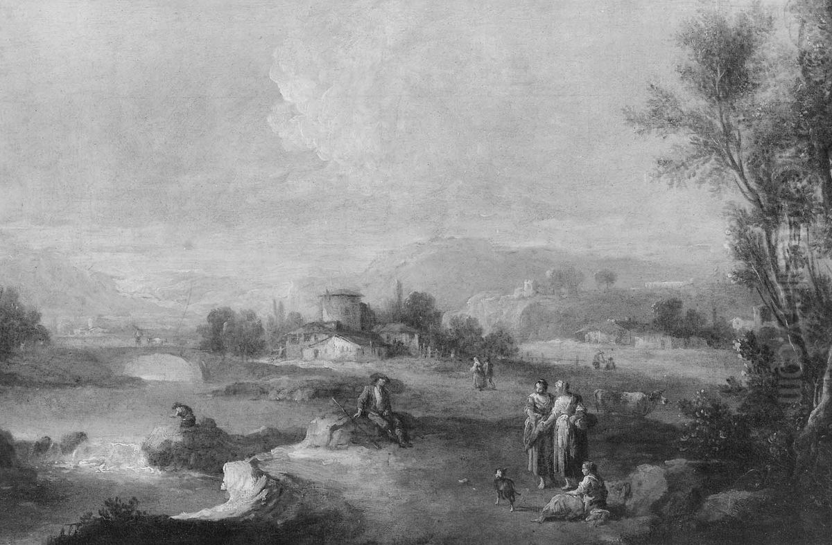 River Landscape with Figures Oil Painting by Giuseppe Zais