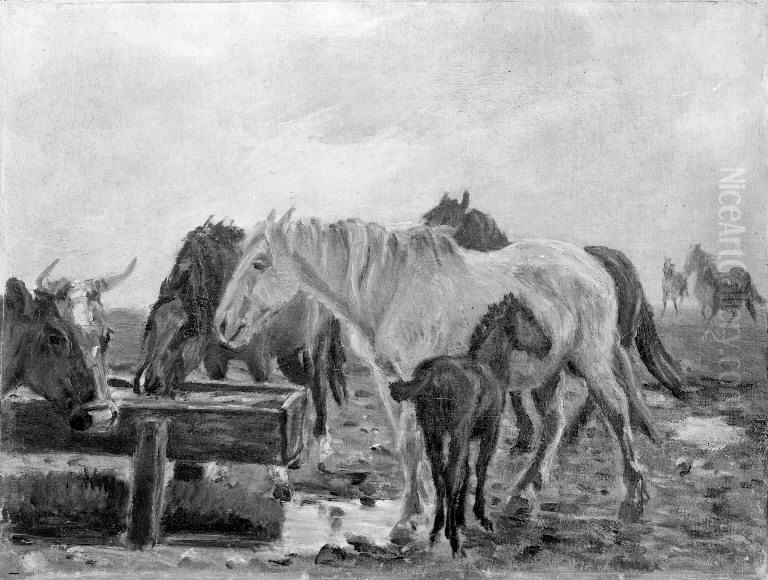 Horses at a Watering Trough Oil Painting by Theodor Esbern Philipsen