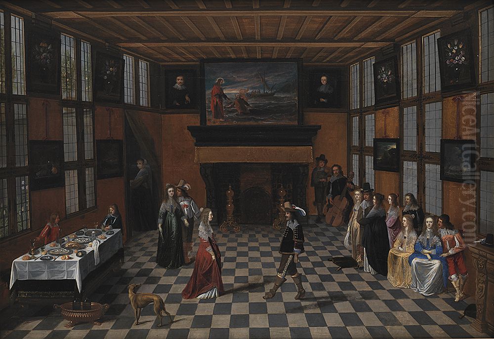 Dancing Party in an Interior Oil Painting by Christoffel Jacobsz van der Laemen