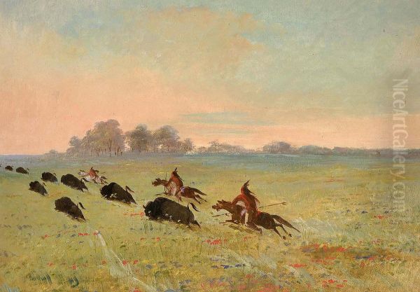 Comanche Indians Chasing Buffalo Oil Painting by George Catlin