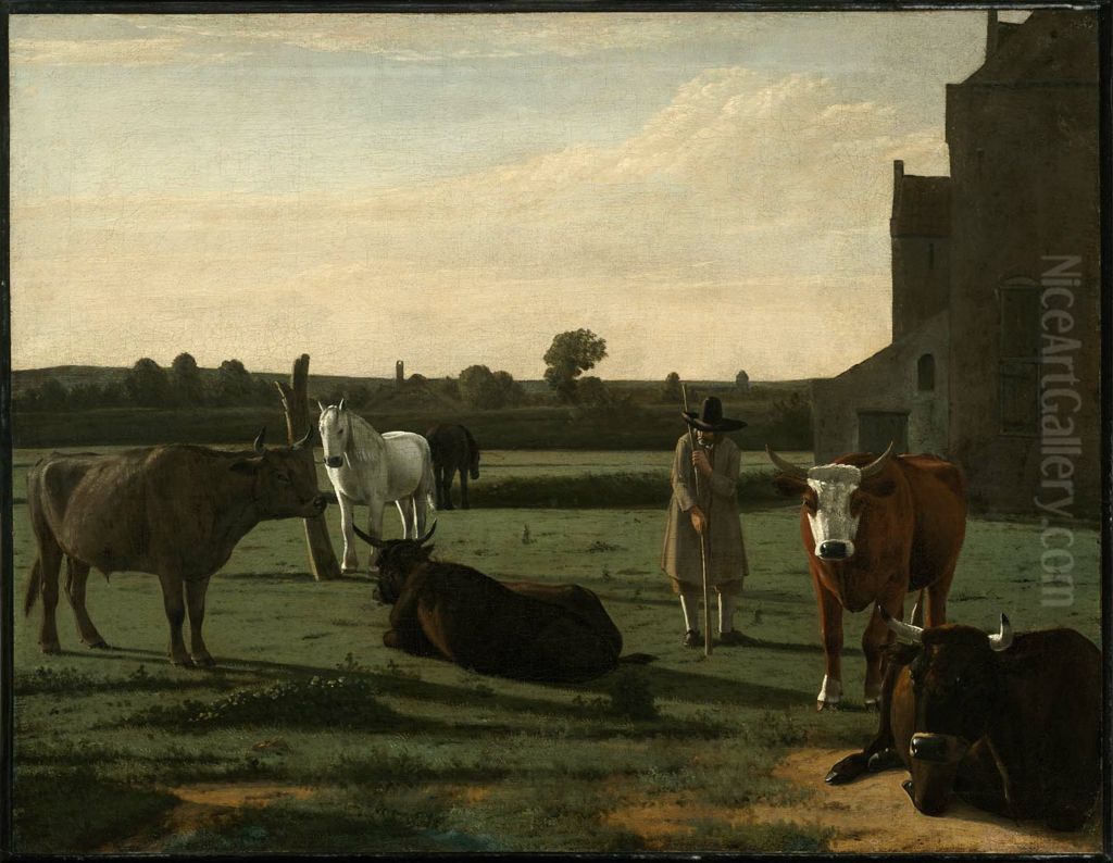 Cattle and Horses with a Herdsman Oil Painting by Hendrick ten Oever