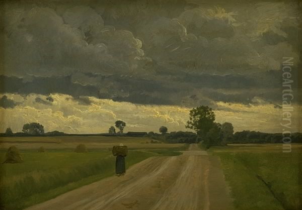 Landskab i gravejr Oil Painting by Frants Henningsen