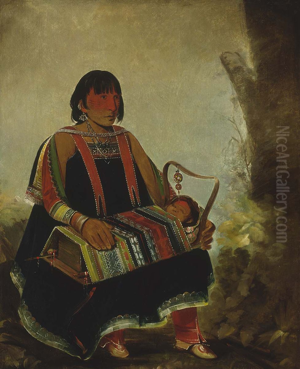 Ju-ah-kis-gaw, Woman With Her Child in a Cradle Oil Painting by George Catlin