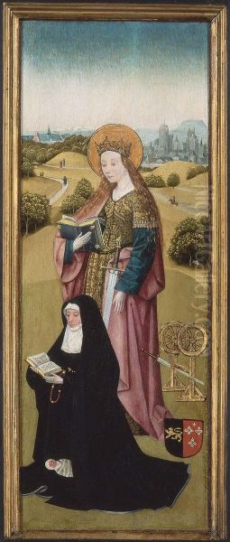 Hendrixke van Langhel and Her Deceased Child with Saint Catherine (inner face). Oil Painting by Hieronymous Bosch