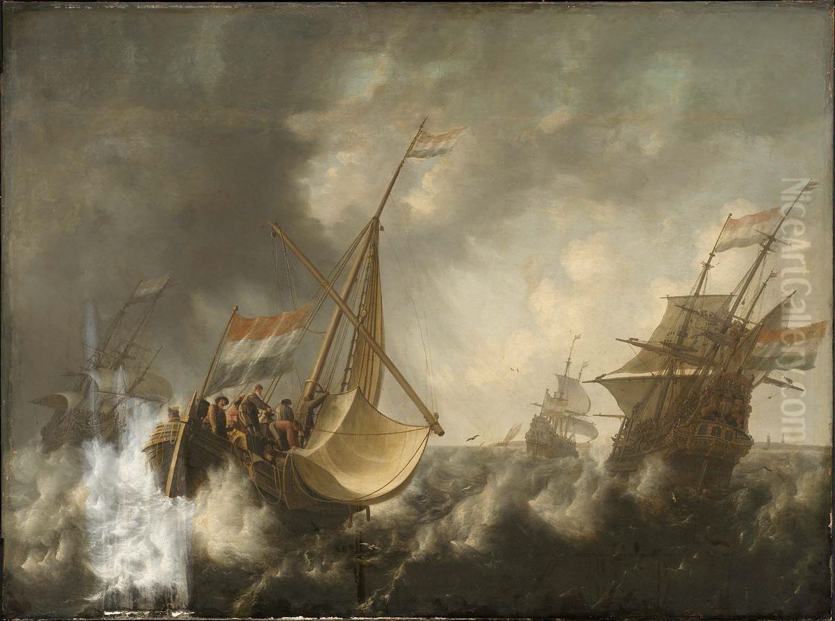 Ships in a Storm Oil Painting by Jacob Adriaensz Bellevois Ships in a Storm Oil Painting by Jacob Adriaensz Bellevois