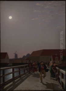 Langebro, Copenhagen, in the Moonlight with Running Figures