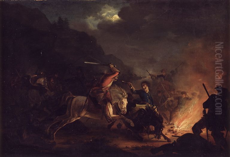 Skirmish at Night between Norwegian and Swedish Cavalry Oil Painting by Christian Frederik Carl Holm