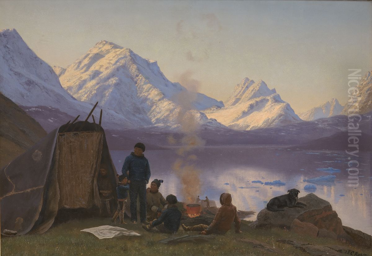 An inuit camp at a fiord. Summer. Oil Painting by Carl Rasmussen