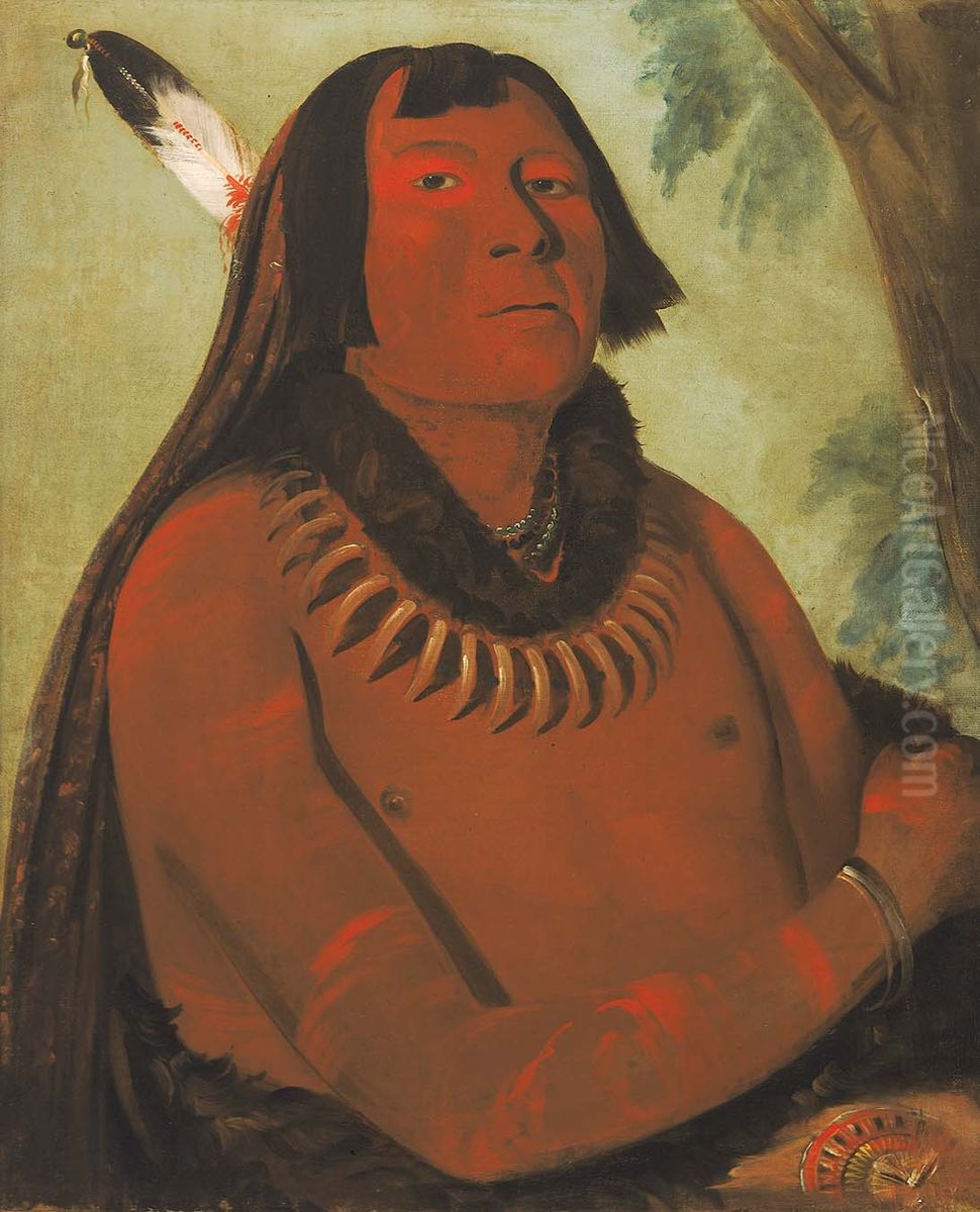 Mah-tahp-ta-a, Rushes through the Middle, a Brave Oil Painting by George Catlin