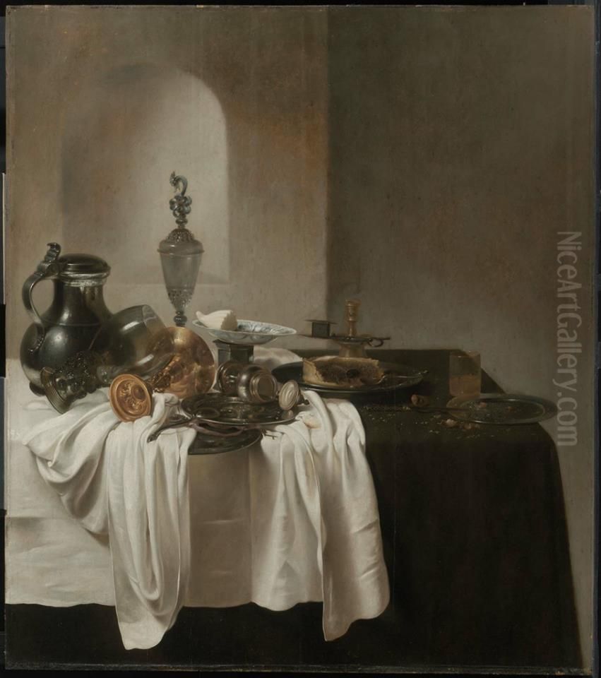Breakfast Still Life with Glass and Metalwork Oil Painting by Jan Jansz Den Uyl