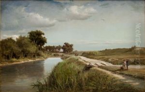 French River Landscape with a Bridge.