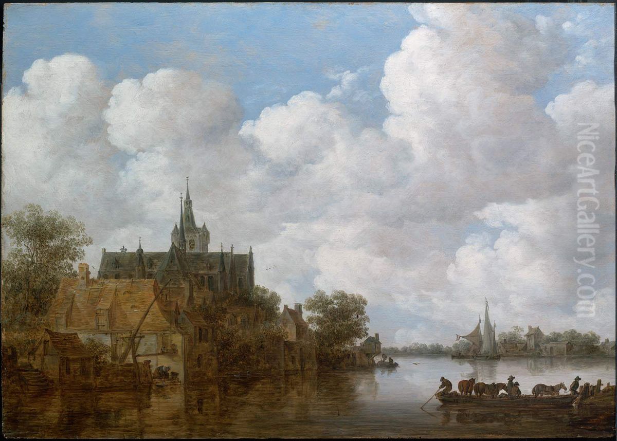 River Landscape with a Ferry and a Church Oil Painting by Jan van Goyen