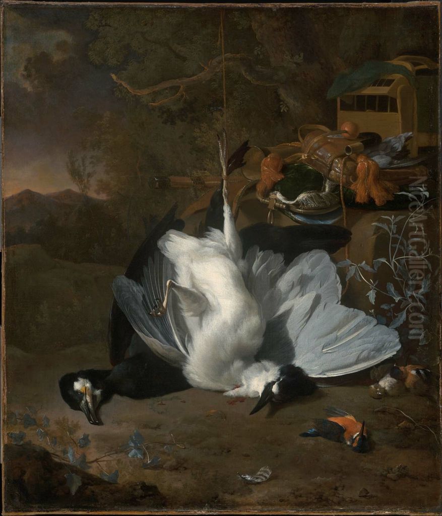 Dead Birds and Hunting Equipment in a Landscape Oil Painting by Jan Weenix