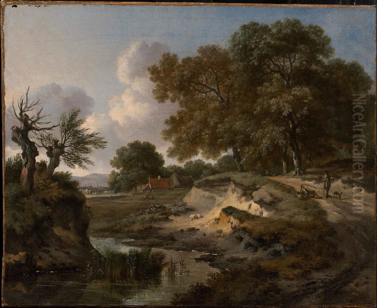 A Wooded Landscape with Travelers and a Dog on a Path Oil Painting by Jan Wijnants