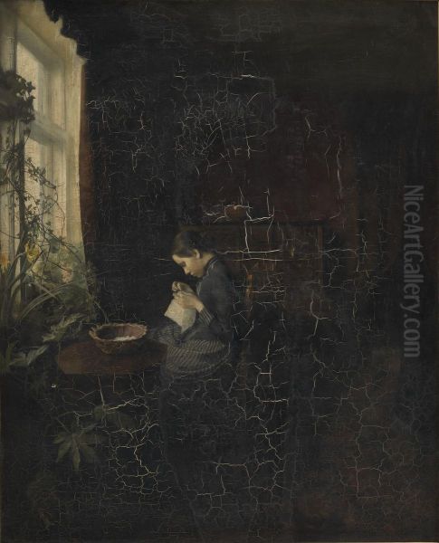 Interior med en syende pige Oil Painting by Carl Holsoe