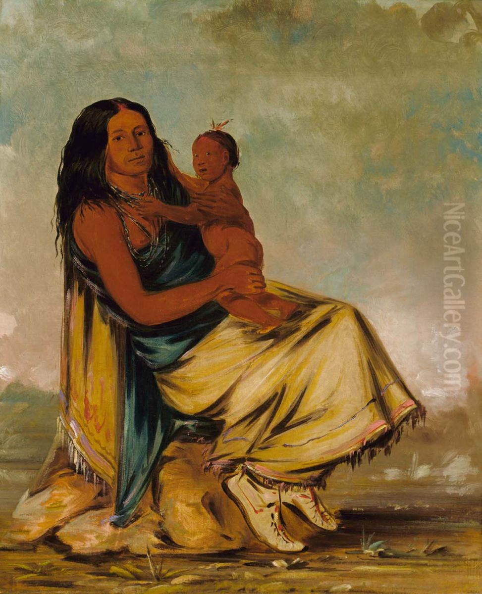 Wah-chee-te, Wife of Cler-mont, and Child Oil Painting by George Catlin