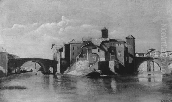 Island of San Bartolomeo, Rome Oil Painting by Jean-Baptiste Camille Corot