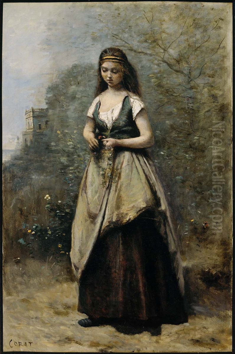Young Woman Weaving a Wreath of Flowers Oil Painting by Jean-Baptiste Camille Corot