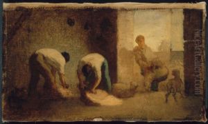 Three Men Shearing Sheep in a Barn
