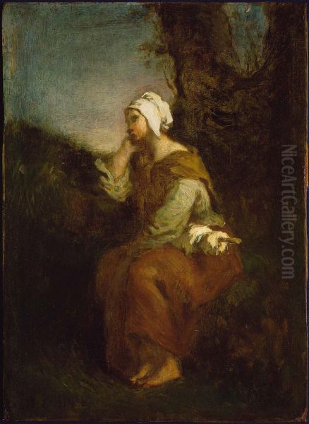 Peasant Girl Daydreaming Oil Painting by Jean-Francois Millet