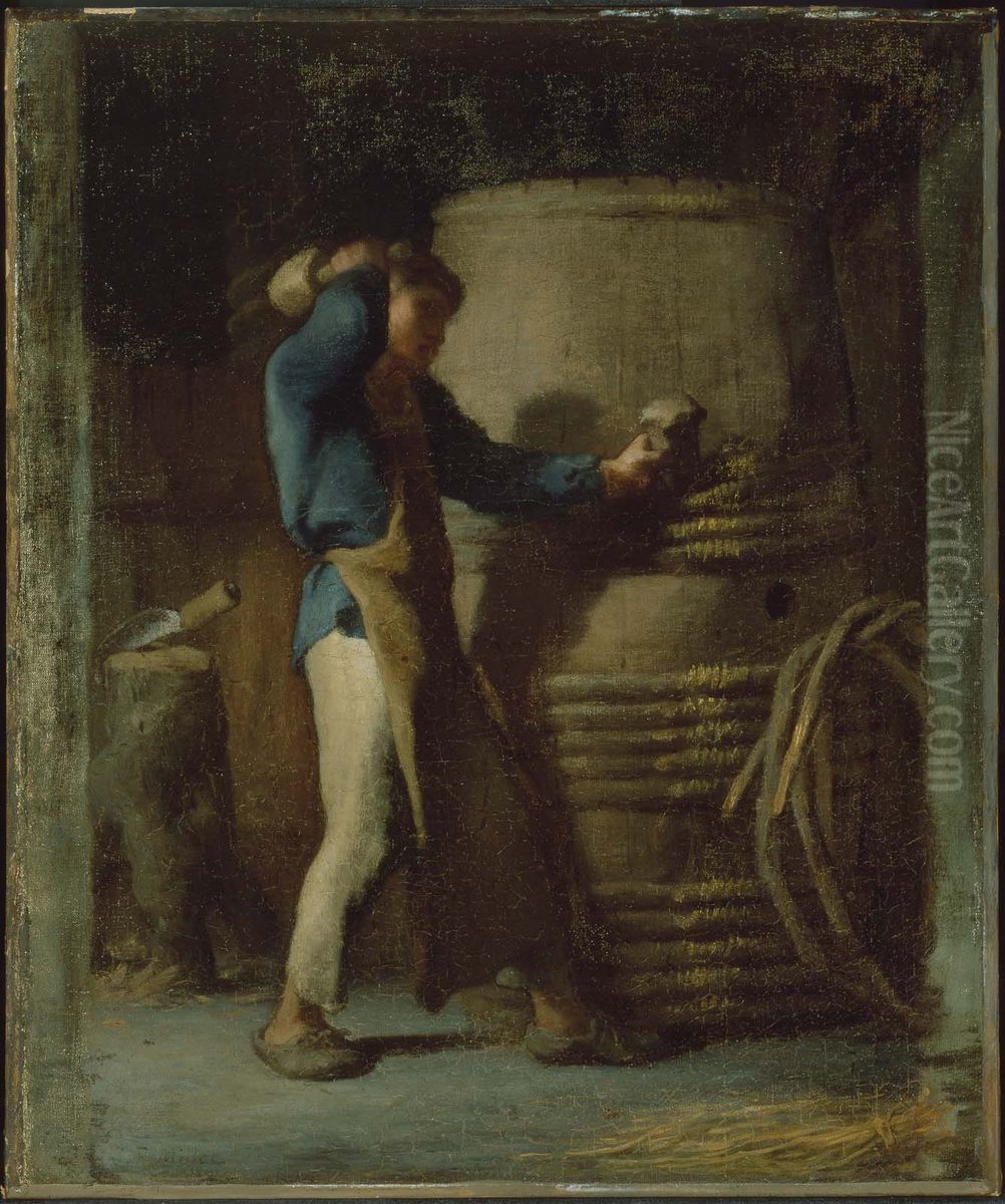 Cooper Tightening Staves on a Barrel Oil Painting by Jean-Francois Millet