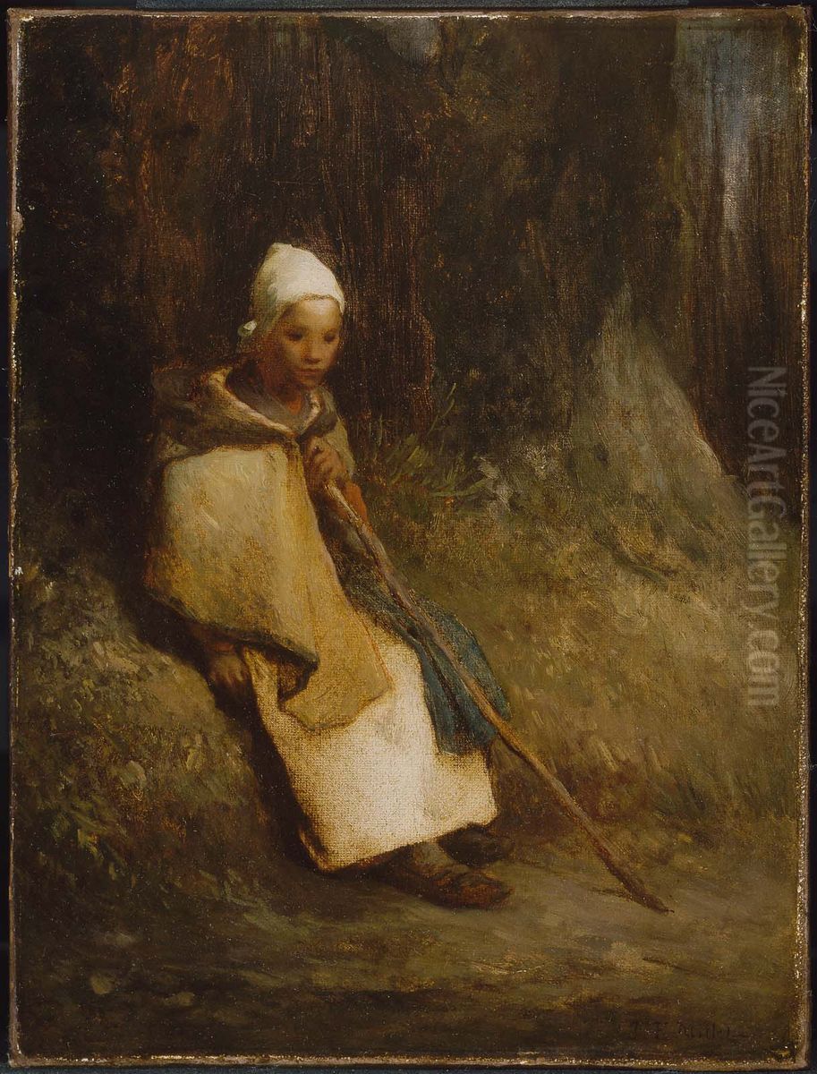 Shepherdess Sitting at the Edge of the Forest Oil Painting by Jean-Francois Millet