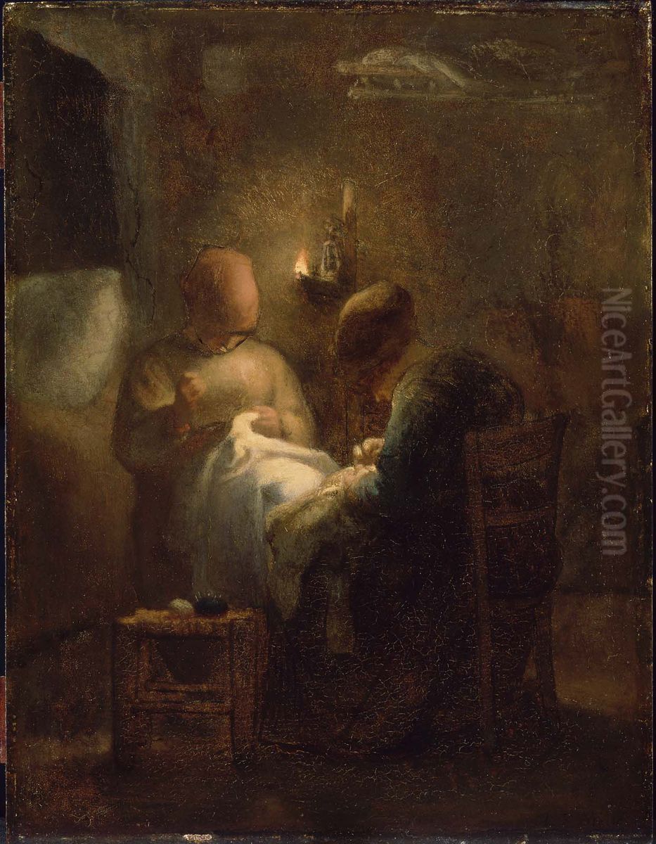 Women Sewing by Lamplight (La Veillee) Oil Painting by Jean-Francois Millet