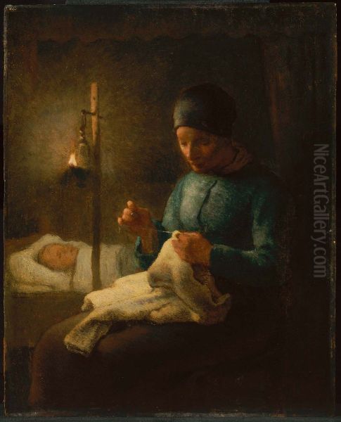 Woman Sewing beside her Sleeping Child Oil Painting by Jean-Francois Millet