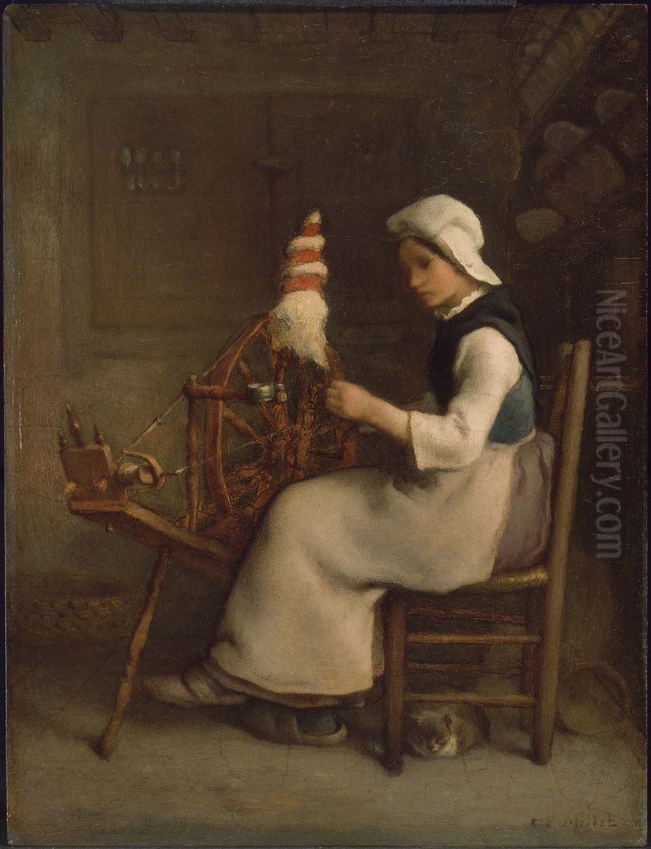 Seated Spinner (Emelie Millet) Oil Painting by Jean-Francois Millet