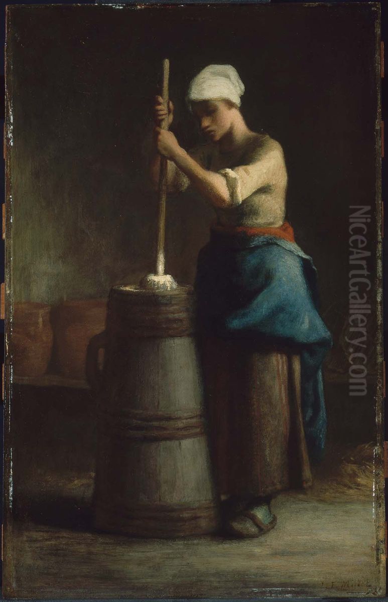 Young Woman Churning Butter Oil Painting by Jean-Francois Millet