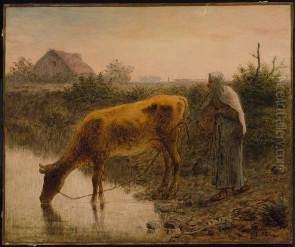 Peasant Watering Her Cow Oil Painting by Jean-Francois Millet