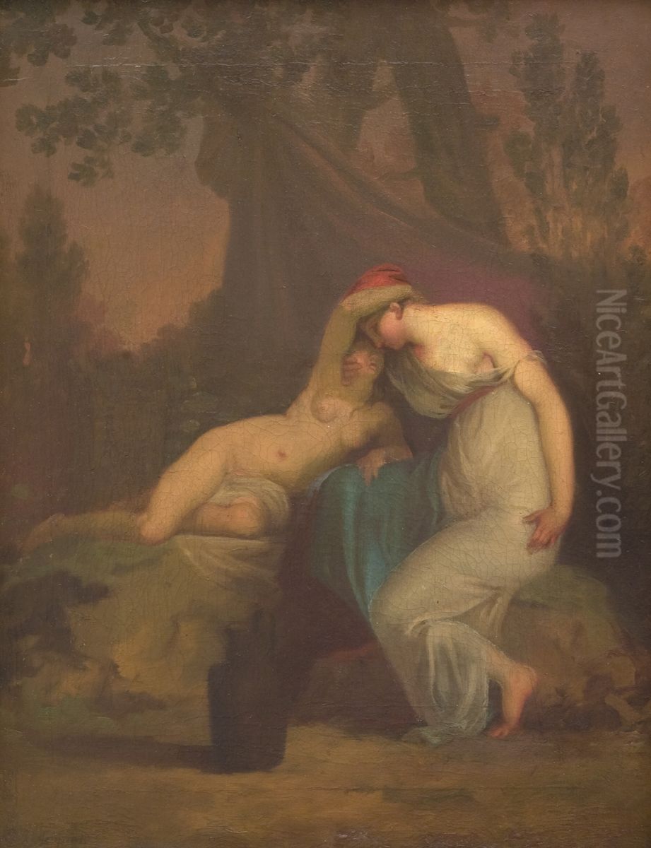 Den graeske digter Sappho og mytilenerinden Oil Painting by Nicolai Abildgaard