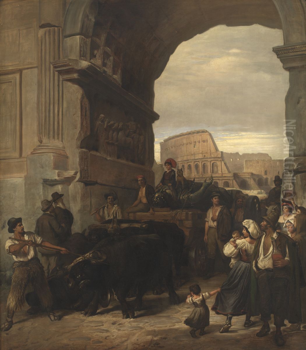 Roman Workmen Transporting an Antique Imperial Statue from the Colosseum through the Arch of Titus to the Capitoline Museums Oil Painting by Ludvig Abelin Schou Roman Workmen Transporting an Antique Imperial Statue from the Colosseum through the Arch of Titus to the Capitoline Museums Oil Painting by Ludvig Abelin Schou