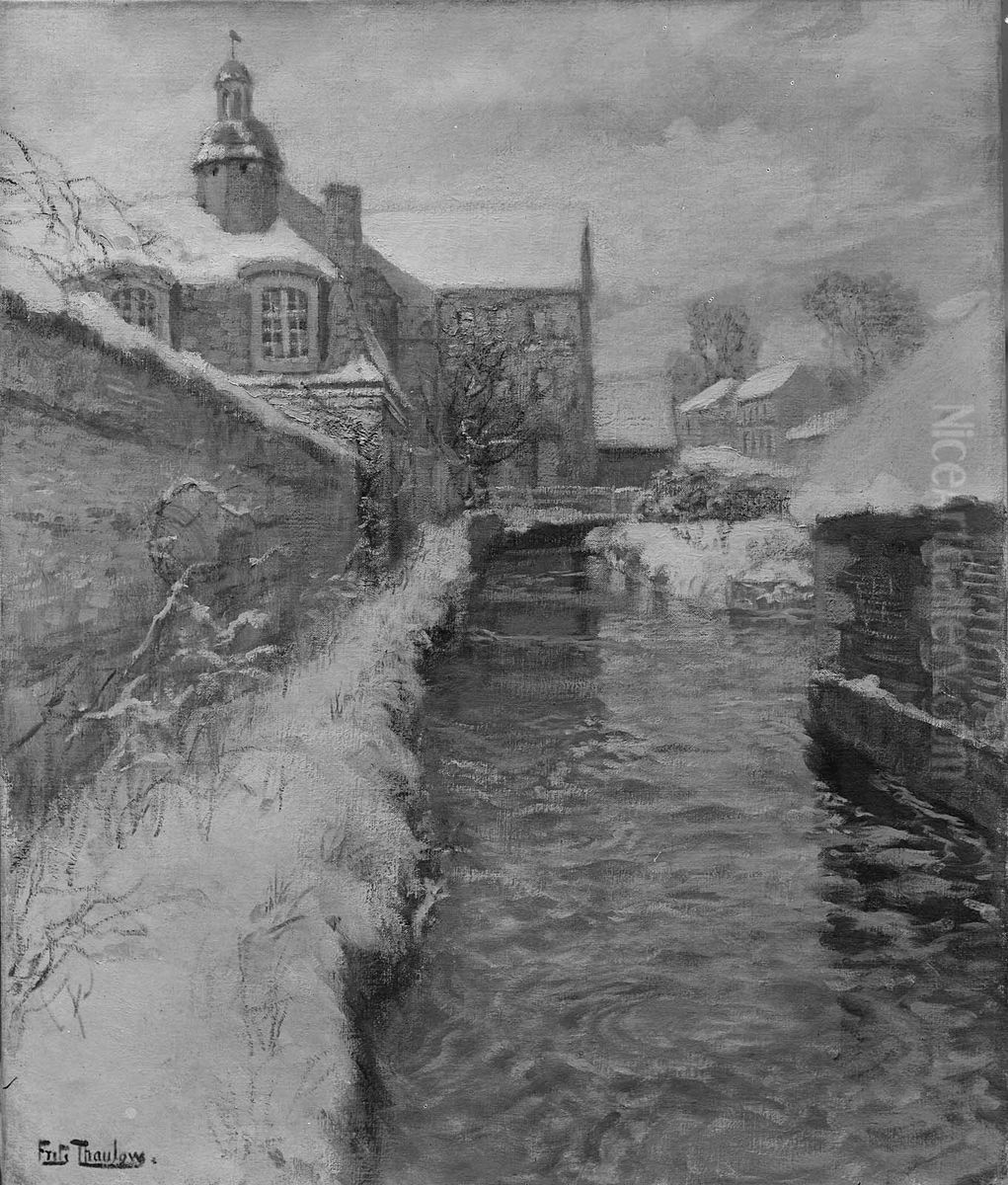 Snow-covered Buildings along a Canal Oil Painting by Frits Thaulow