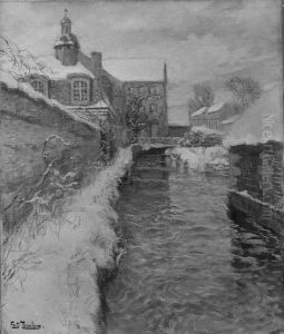 Snow-covered Buildings along a Canal