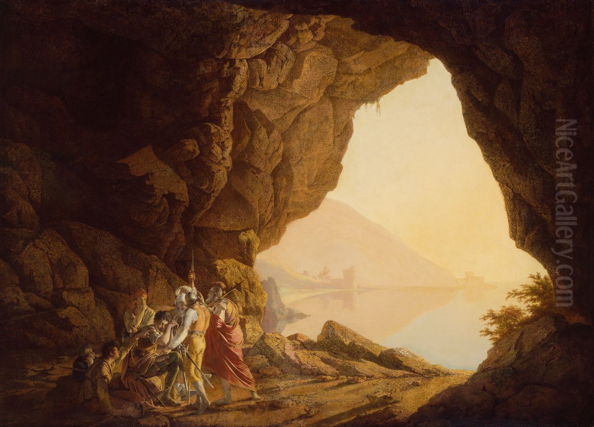 Grotto by the Seaside in the Kingdom of Naples with Banditti, Sunset Oil Painting by Joseph Wright of Derby