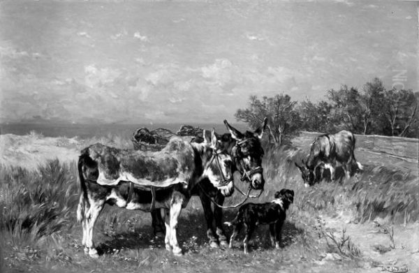 Donkeys in a Meadow Oil Painting by Johannes-Hubertus-Leonardus de Haas