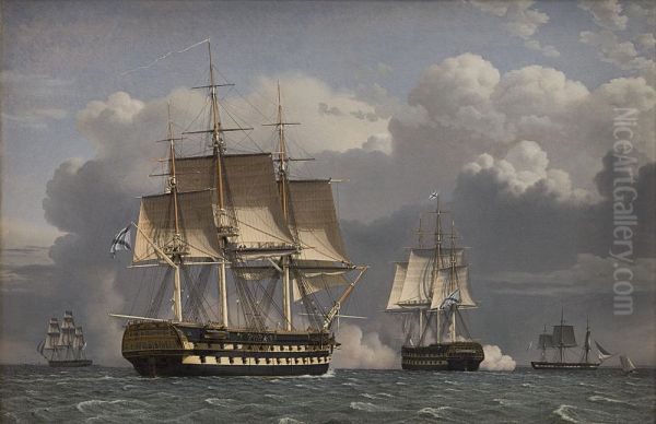 To russiske linjeskibe som saluterer Oil Painting by Christoffer Wilhelm Eckersberg